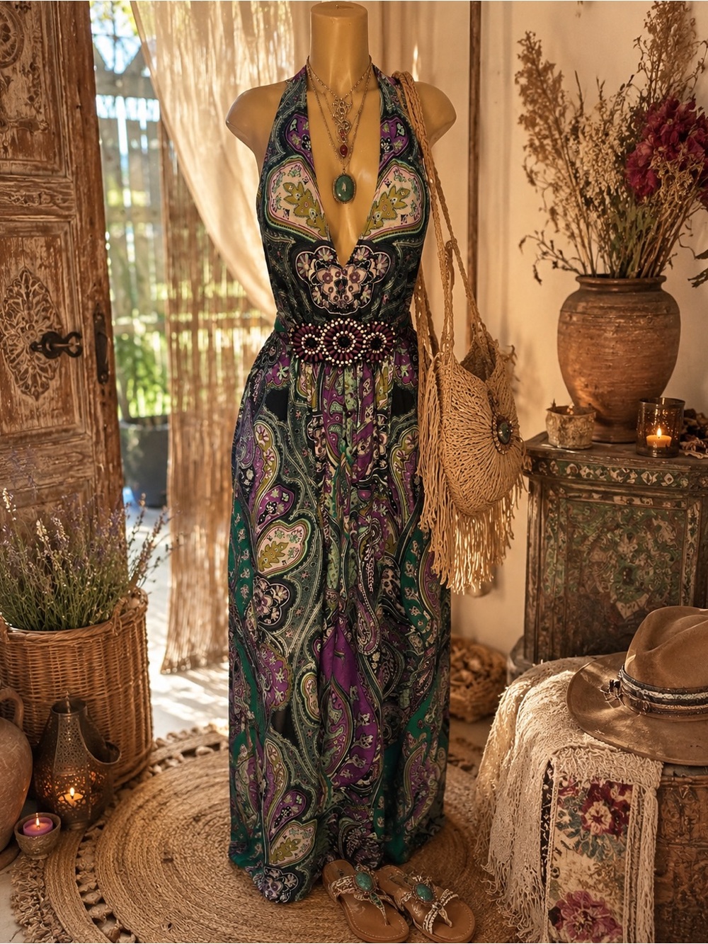 Ice Green and Purple Paisley Halter Maxi Dress
